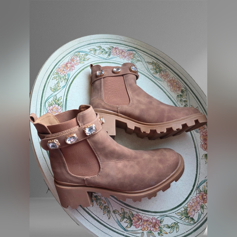 Follow Me Rhinestone Strap Chelsea Boots | Chunky Lug Sole Taupe Booties